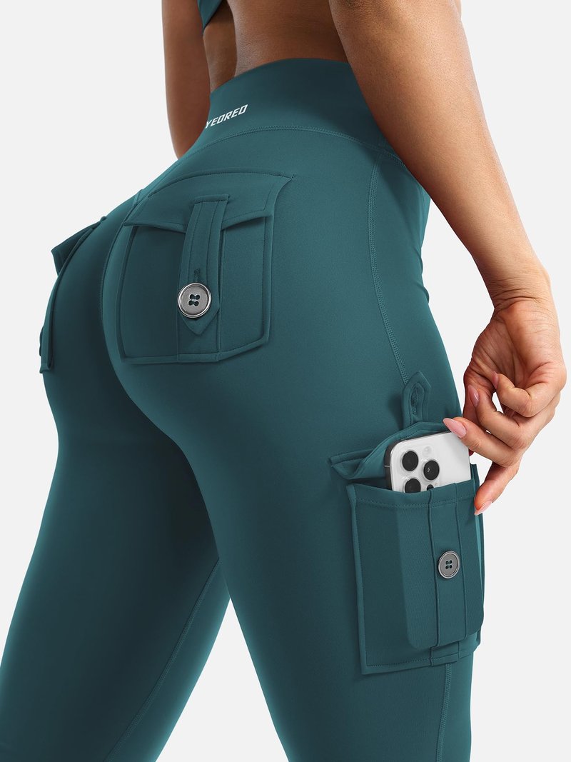 YEOREO CoreFlex Women Workout Flare Leggings with Pockets Hidden Scrunch High Waisted Cargo Gym Yoga Leggings Mediterranea S