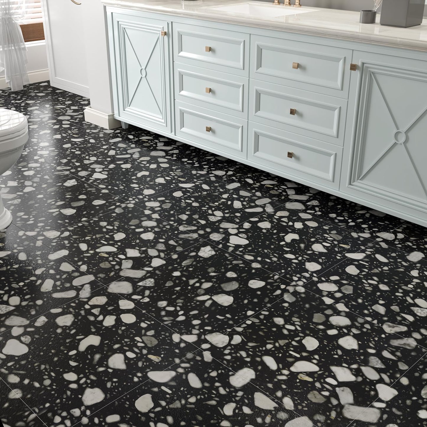 VaryStyle Waterproof Vinyl Flooring Terrazzo Peel and Stick Floor Tile 12"x12" Black and White Vinyl Floor Tiles Self Adhesive Removable Stick on Tile for Kitchen Basement Bathroom Flooring 6-Sheet