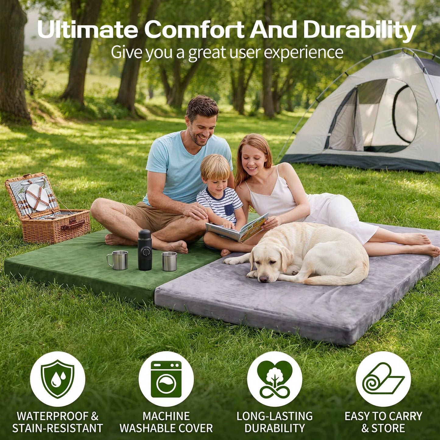 ORSEQFFG Camping Mattress Pad, 3 Inch Memory Foam Camping Mattress with Non-Slip Bottom & Washable Cover, Portable Roll Up Floor Camping Mat, Camping Sleeping Pad for Adults, Car Bed with Travel Bag