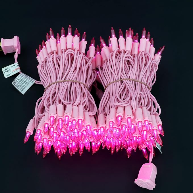 YULETIME 200 Pink LED Christmas Lights, 66 Feet Pink Wire UL Certified Commercial Grade Holiday String Light Set