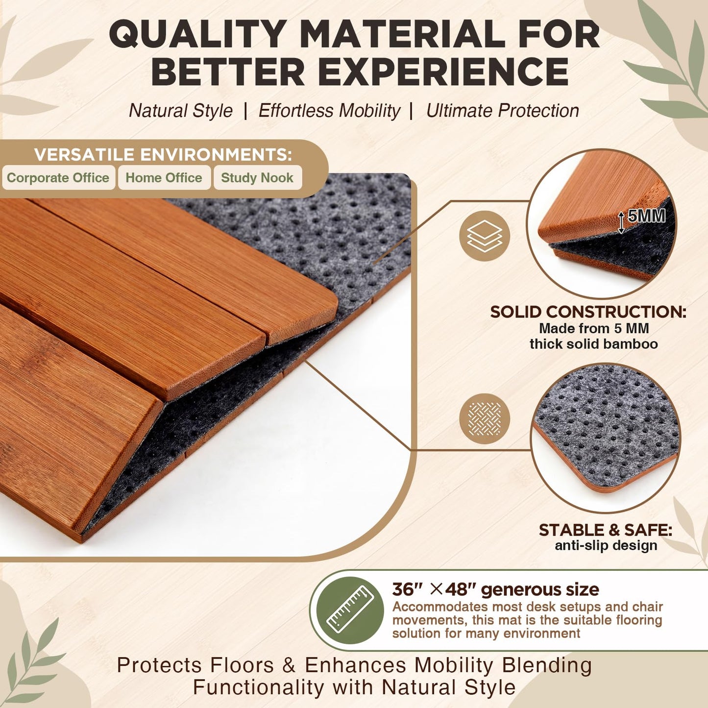 Leinuosen 36" x 48" Office Bamboo Chairmat for Carpet Floor Mat Highly Premium Quality Anti-Slip Office & Home Floor Protector Low Pile Carpet Chair Mat, 5mm Thick(Without Lip, Walnut Wood)