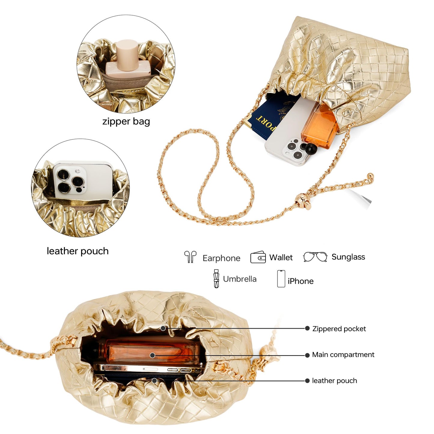 Kiss Sea Woven Crossbody Clutch Purses for Women Vegan Leather Dumpling Evening Bag ＆ Designer Shoulder Handbags Glod