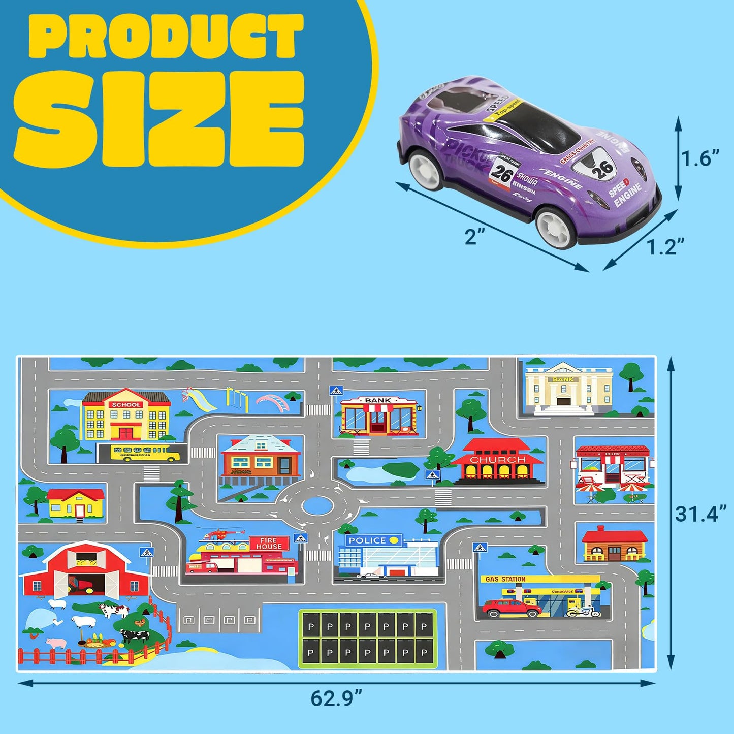 Kids Carpet Playmat Rug: Kids Car Carpet Playmat Rug with 20 Cars Pull-Back Vehicle Set - Play Room, City Pretending Play, 62.9 X 31.4 Inch, Blue