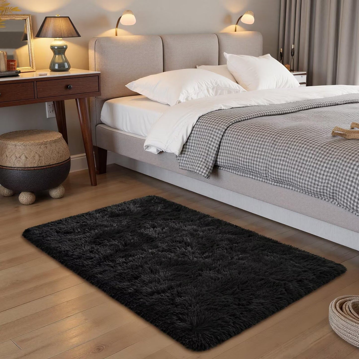 junovo 2x3 Small Washable Rug, Black Soft Non Slip Throw Carpet, Fluffy Shaggy Entryway Rugs for Bedroom Nursery, Indoor Inside Front Entrance Floor Mat for Home Decor Aesthetic