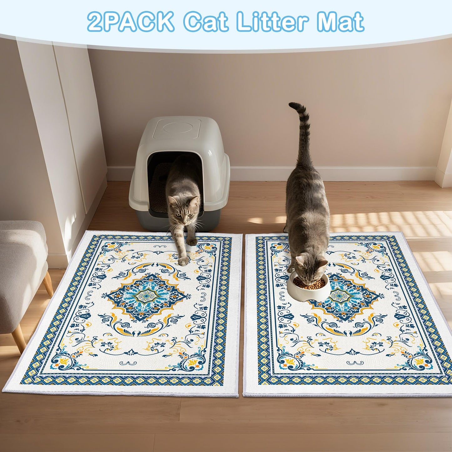 Hedgeink Washable Cat Litter Mat 48"x36" 2Pack with Non-Slip Bottom Waterproof Litter Box Mat Easy to Clean Litter Trapping Mat for Kitty