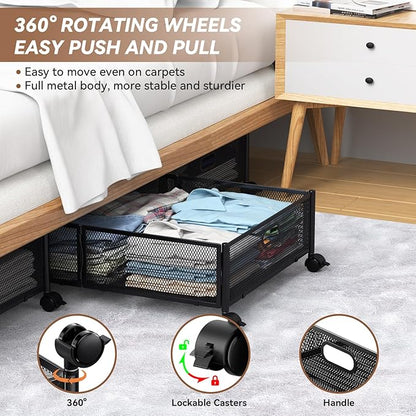 PHINOX Under Bed Storage with wheels, Under the Bed Storage Containers,Upgrade Crossed Iron Wire, Metal Rolling Underbed Storage Containers for Bedroom Clothes Shoes Blankets-2 Pack,Black