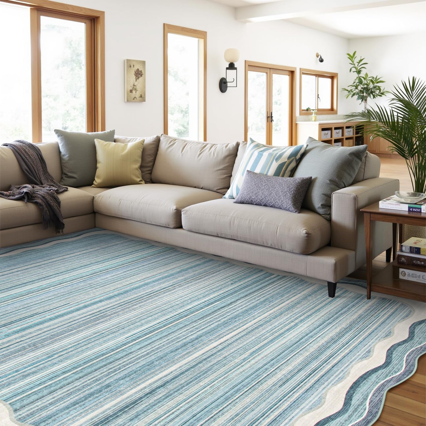 Lahome Estelle Scalloped Modern Washable Rugs 5x7, Blue Rugs for Bedroom Soft Living Room Rug, Abstract Minimalist Non Slip Low Pile Throw Carpet for Dining Room Home Office (Blue,5x7)