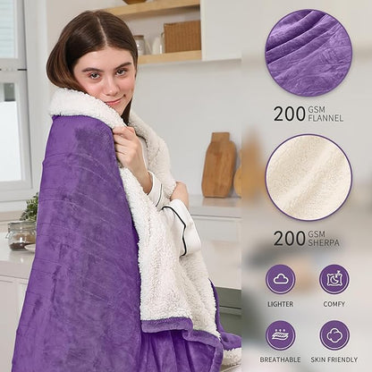 Heated Blanket Throw, Electric Blanket Flannel Sherpa with 4 Hours Auto Off & 5 Heating Levels, Washable Electric Heated Blanket with ETL Certified for Bedding, Ideal Gift, 50"x60", Lavender Violet