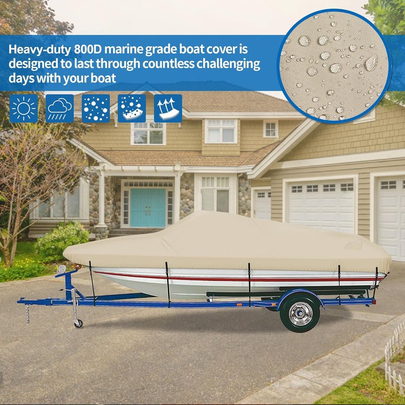 Trailerable Boat Cover - 16'-18.5' Heavy Duty 800D Waterproof | Fits V-Hull, Fishing & Runabout Boats