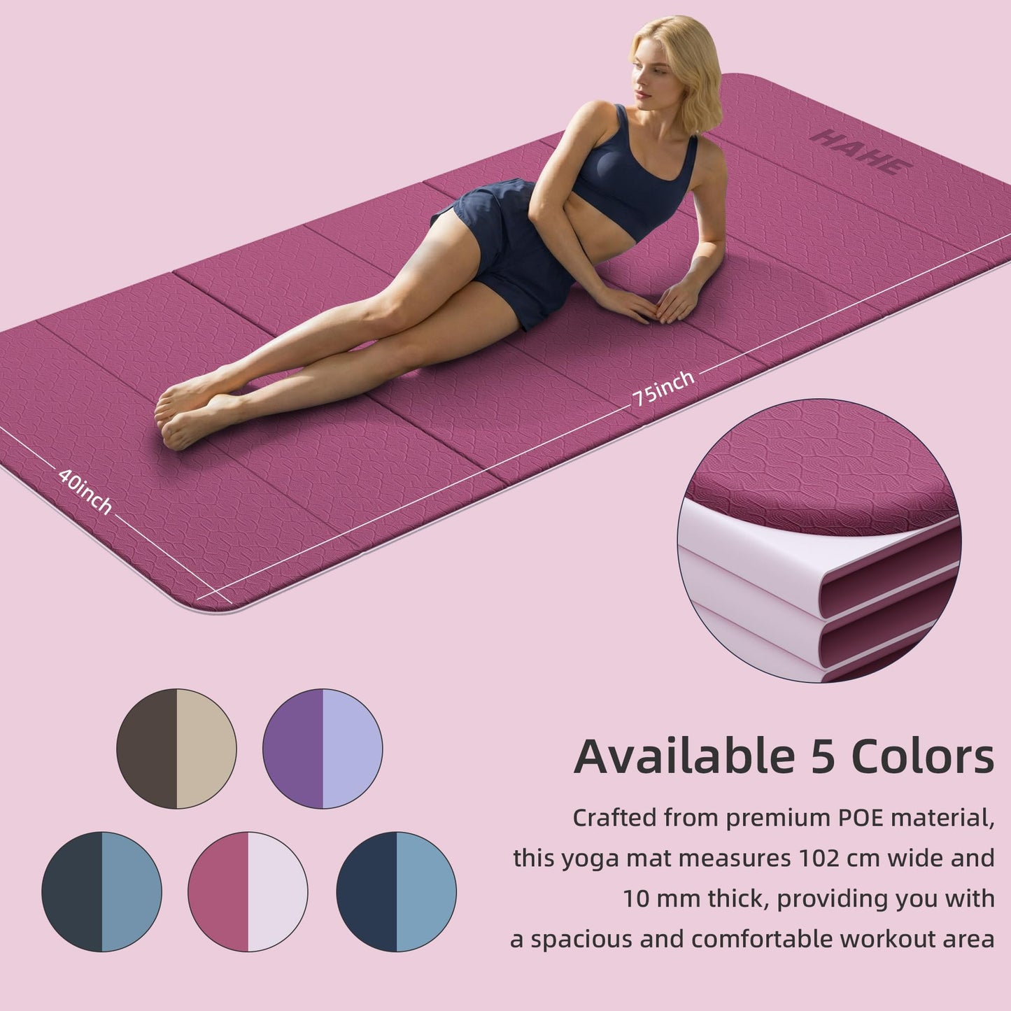 HAHE Extra Wide Folding Exercise Mat 75"x40"x0.4" TPE Fitness Mat, High Density Non-Slip Yoga Mat for Home Gym, 7-Fold Portable for Women, Men, Strength Training, Travel, Floor Exercises (Deep Pink & Light Pink)
