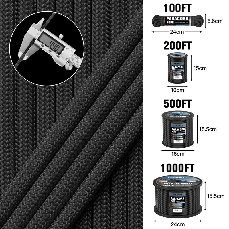 HOKINETY 1200 Paracord Rope - 4.4mm 14 Strand Nylon Parachute Spool para Cord Lanyard for Outdoor Camping Survival Utility Tent Crafting DIY Projects Fishing Clothsline Bracelet - Black 300FT