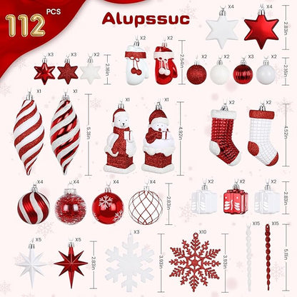 Alupssuc 112pcs Christmas Balls Ornaments Set, Shatterproof Plastic Baubles Christmas Penguin, Polar Bear for Xmas Tree Holiday Wedding Party Decorations with Hanging Strings, Red and White