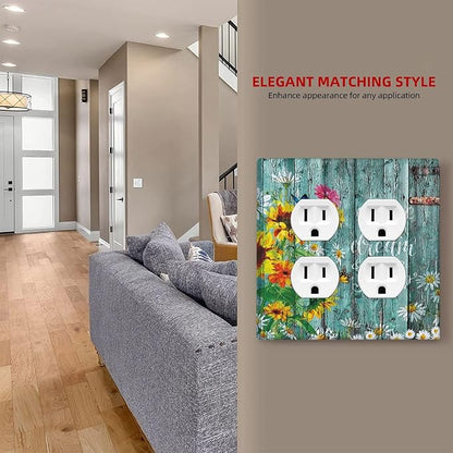 Decorative Light Switch Cover Plate Rustic Vintage Wood Planks Sunflower Butterfly 2 Gang Socket Covers Double Duplex Wallplates Switch Plates and Outlet Covers for Bathroom Home Decor