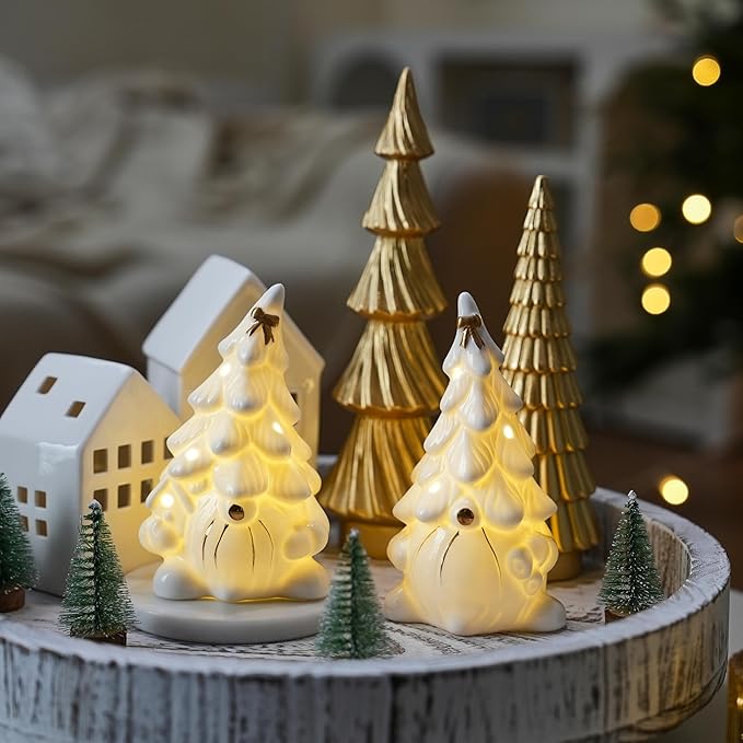 Lighted Christmas Gnome Decoration, 2Pcs White Gnomes Ceramic Christmas Tree with Gold Trims, Small Light Up Gnome Figurines for Prelit Xmas Holiday Table Fireplace Decor