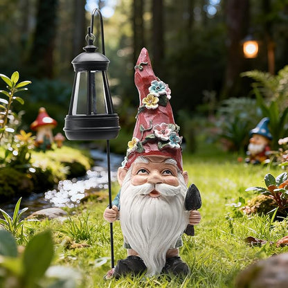 Outdoor Garden Gnome Statue with Solar Light – Outdoor Resin Decor Weatherproof Yard Lawn Ornament with LED Lantern Light Figurine for Patio, Porch, Landscape Housewarming