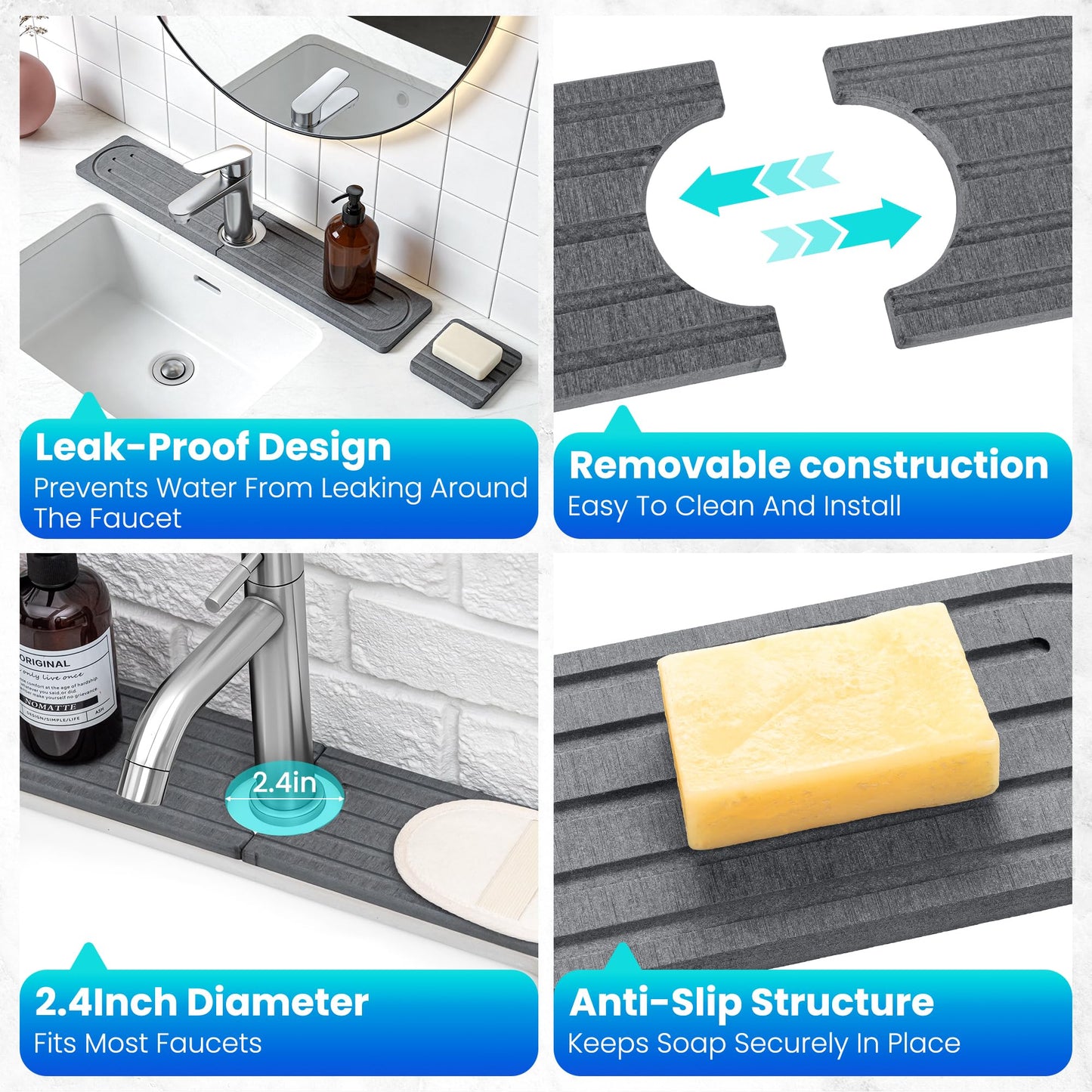 Stone Drying Mat for Kitchen Counter, Diatomite Faucet Mat for Sink with Non-Slip Pads, Fast Dry Water Absorbing Sink Splash Guard and Coaster - Durable and Stylish Design ( 23.5×3.9 Inch ) (GREY)