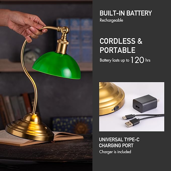 O'Bright Bankers - Cordless LED Table Lamp, Battery-Operated, Rechargeable, 3-Level Dimming, Universal USB-C Charging, 180° Swivel Head, Classic Green Glass Shade, Antique Brass