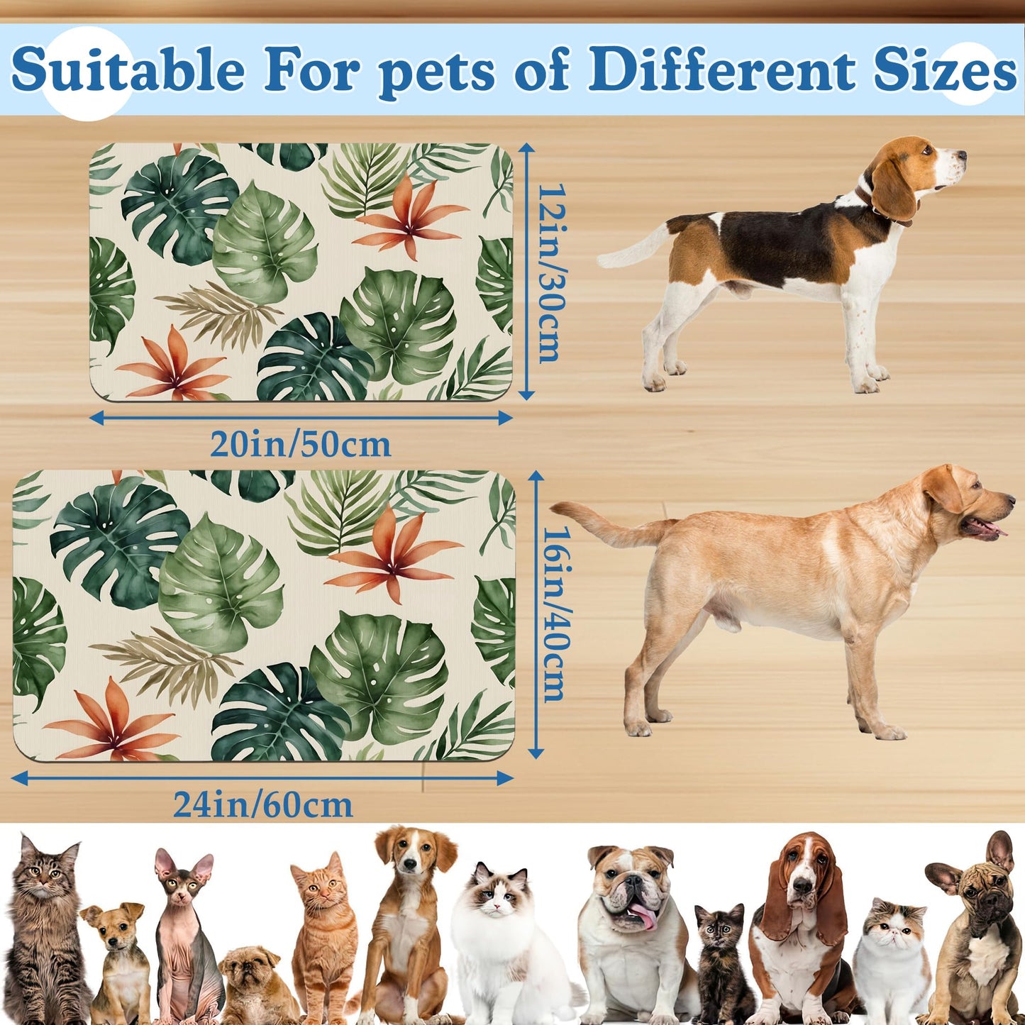 Boho Tropical Palm Pet Feeding Mat–Quick Dry Absorbent Dog Cat Food Mat, Non Slip Waterproof Bowl Placemat for Messy Eaters, Pet Accessories for Floors 12"x20"