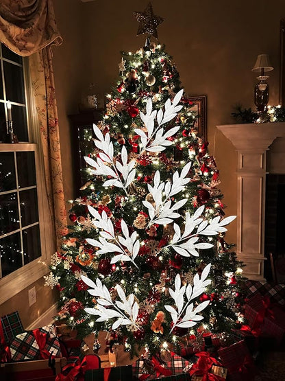 DILATATA 6Pcs Christmas Glitter Leaves Bay Leaves Spray 24" Artificial White Bay Leaf Picks Sprays Giltter Stems for Halloween Centerpiece Christmas Home Decor Home Decor - White