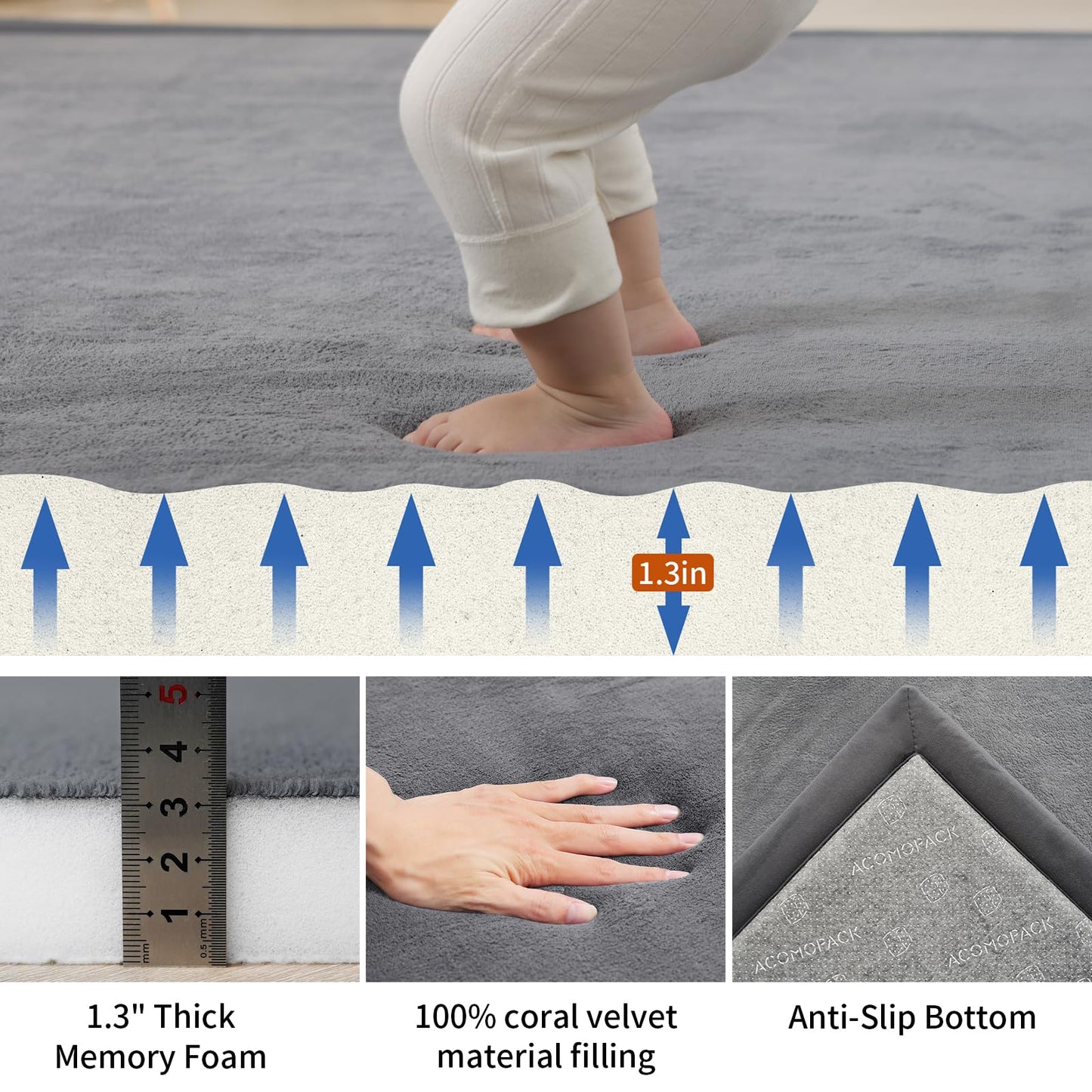 ACOMOPACK Baby Play Mat Area Rug for Living Room 1.3" Thick Memory Foam 59"×71" Dark Grey- Non-Slip Bottom for Kid, Toddler, Tummy Time Crawling Mat for Floor, Soft Velvet Nursery Rugs, Yoga