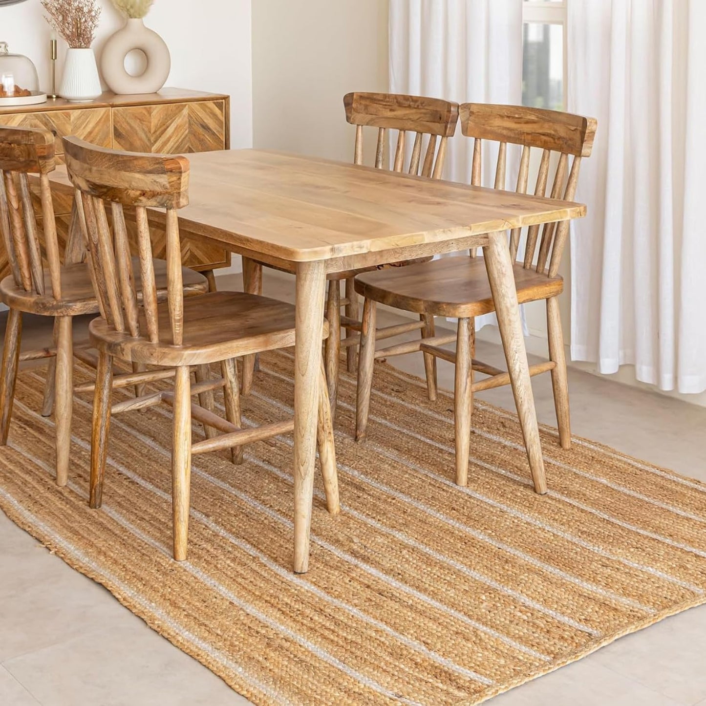 HOMEMONDE Natural Braided Jute Area Rug 6x9 ft - Off White Stripe Eco Friendly Premium Fiber - Hand Woven Rustic Vintage Reversible Braided Rugs for Bedroom, Kitchen, Living Room and Dining Room