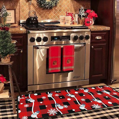 Buffalo Plaid Christmas Kitchen Rugs and Mats Set of 2, Christmas Snowman Winter New Year Holiday Party Low-Profile Floor Mat Merry Christmas Decorations for Kitchen Home- 17"x47"+17"x30"