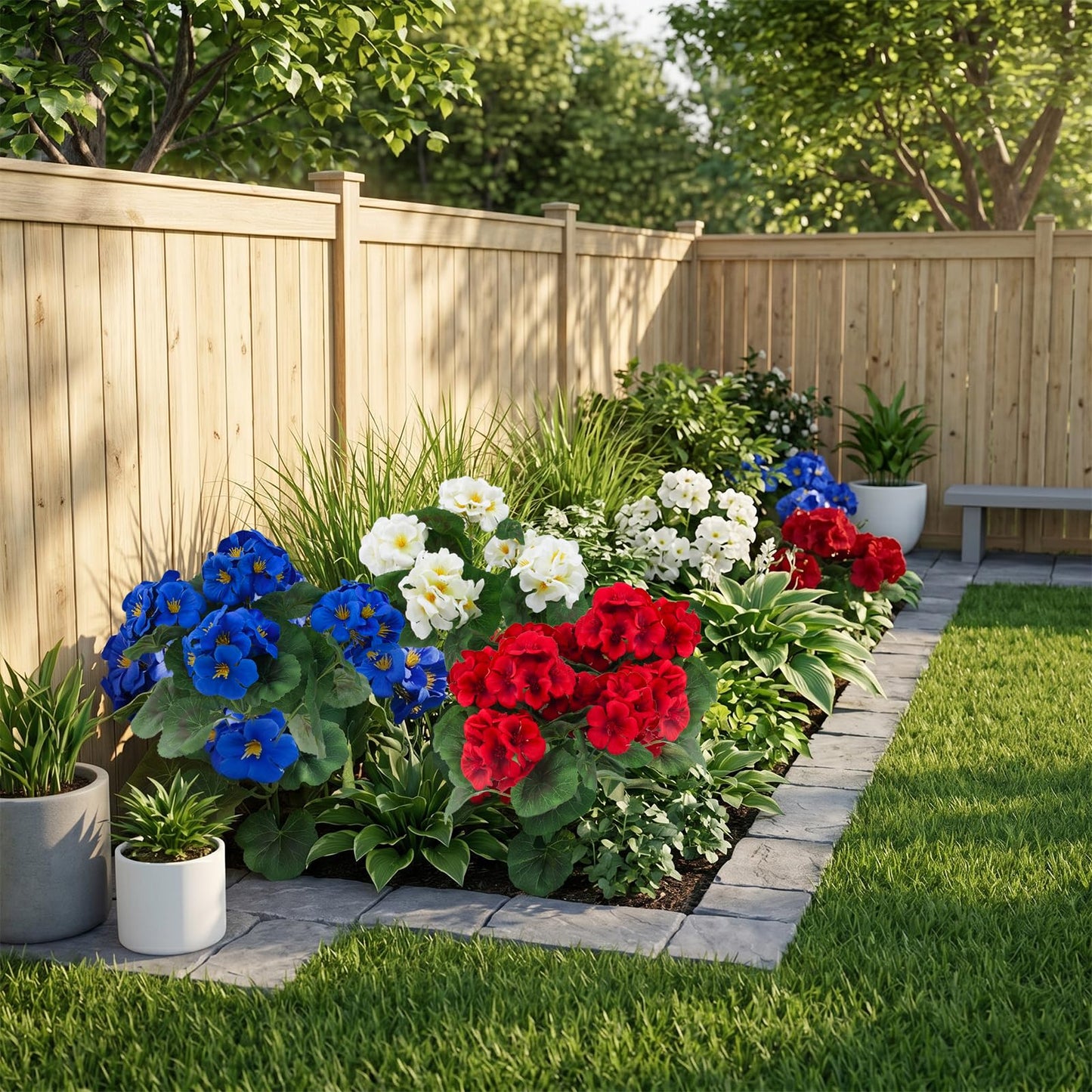 Hananona 6 Pcs Artificial Geranium Flowers for Outdoors Geranium Silk Flowers Outdoor UV Resistant Plants Faux Patriotic Flowers for 4th of July Home Kitchen Table Centerpieces Decor (6, RedWhiteBlue)