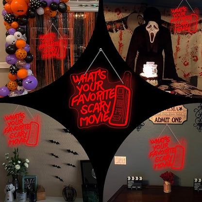 What’s Your Favorite Scary Movie Neon Sign – Red LED Wall Light with Retro Phone Design – Horror Movie Night & Halloween Party Décor