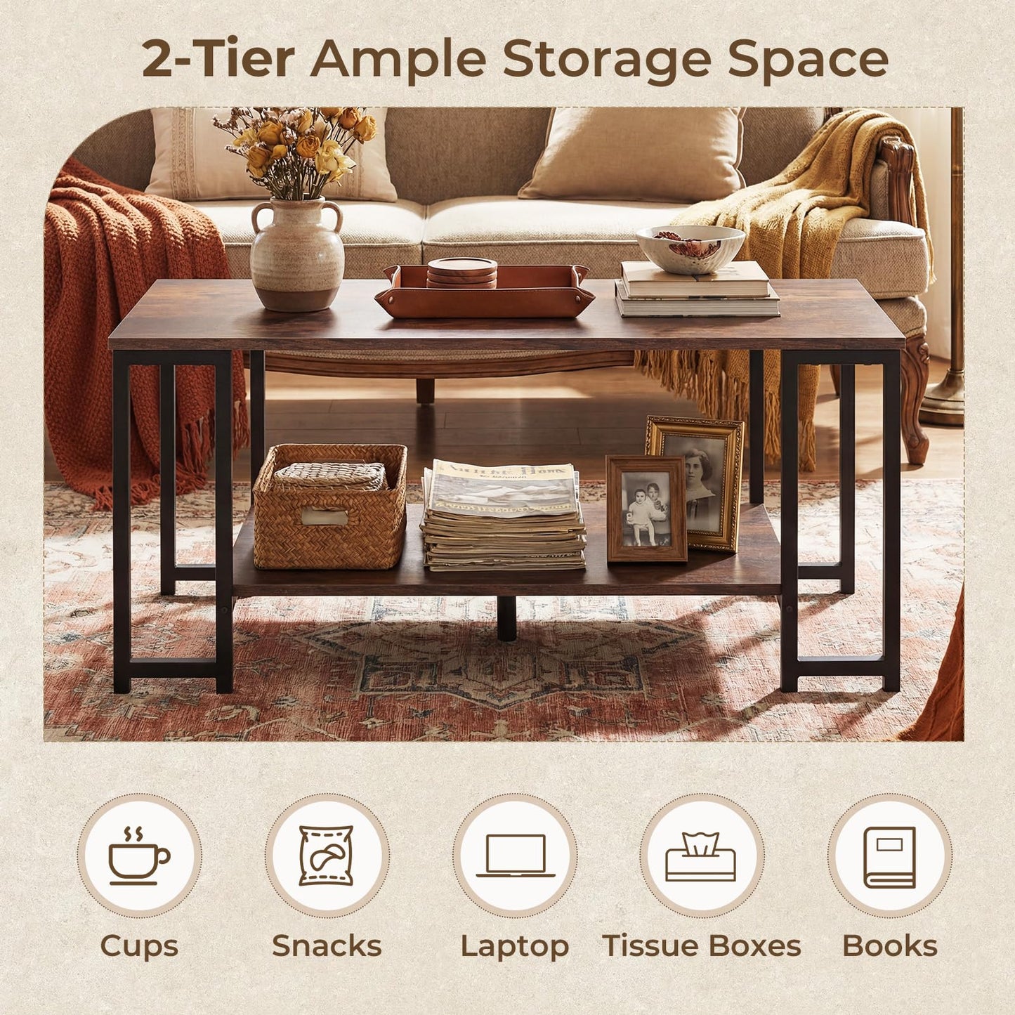 Giantex 2-Tier Coffee Table with Storage, 39.5" Rectangular Center Table with Heavy-Duty Metal Frame, Modern Accent Cocktail Table, Living Room Tables for Small Spaces (Rustic Brown)