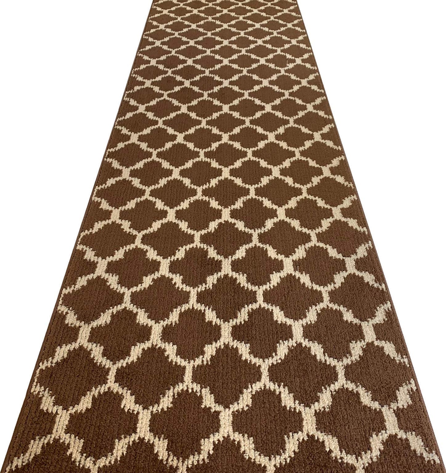 Custom Size Cut to Length Moroccan Trellis Design Runner Rug Mat For Wide Long Hallways with Non-Slip Rubber Backing, Better Traction for Pets, Prevent Slippage, Trellis Brown, 31 inch X 7 feet