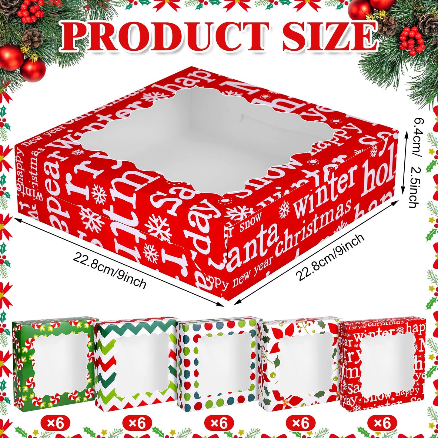 Czlotyh 30 Pcs Christmas Cookie Boxes with Window 9 x 9 x 2.5 inch Xmas Treat Boxes Candy Bakery Cupcakes Desert Container for Pastries Packaging Christmas Party Supplies Gift Giving