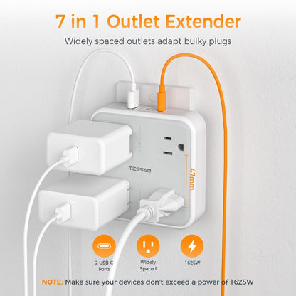 Multi Plug Outlet Extender, TESSAN 4 Outlet Splitter 3 USB Wall Charging Ports (2 USB C), Wide Spaced Multiple Expander Surge Protector for Office, Home, College Dorm Room