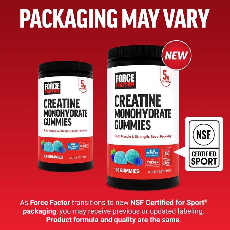 Force Factor Creatine Monohydrate Gummies, NSF Certified, 5g Dose for Men & Women to Support Muscle, Strength, Recovery, Cognitive Health & Memory, Packaging May Vary, Blue Raspberry, 150 Gummies