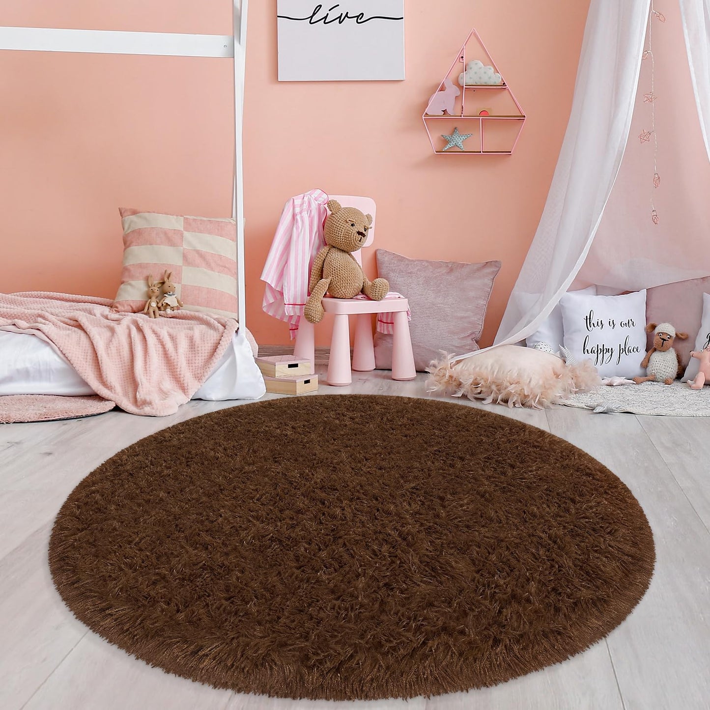Fixseed Brown Round Area Rugs 3 Ft Small Fluffy Rug for Bedroom Shaggy Circle Rug, Soft Furry Carpet for Teen's Room Aesthetic Décor Circular Carpet for Baby Nursery Dorm Living Room Home Decor