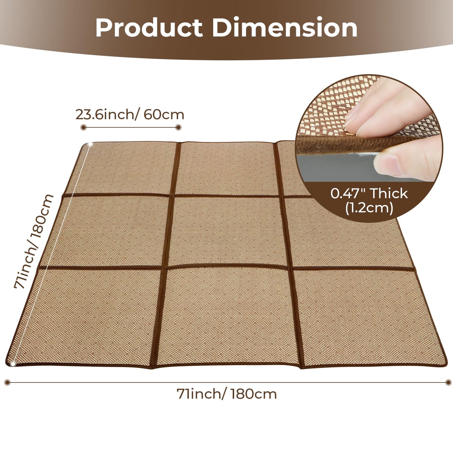 71'' x 71'' Large Japanese Tatami Mat, 0.47'' Thickness Foldable Rattan Japanese Floor Mats with Storage Bag, Non-Slip Breathable Memory Foam Area Rug Living Room Bedroom Yoga