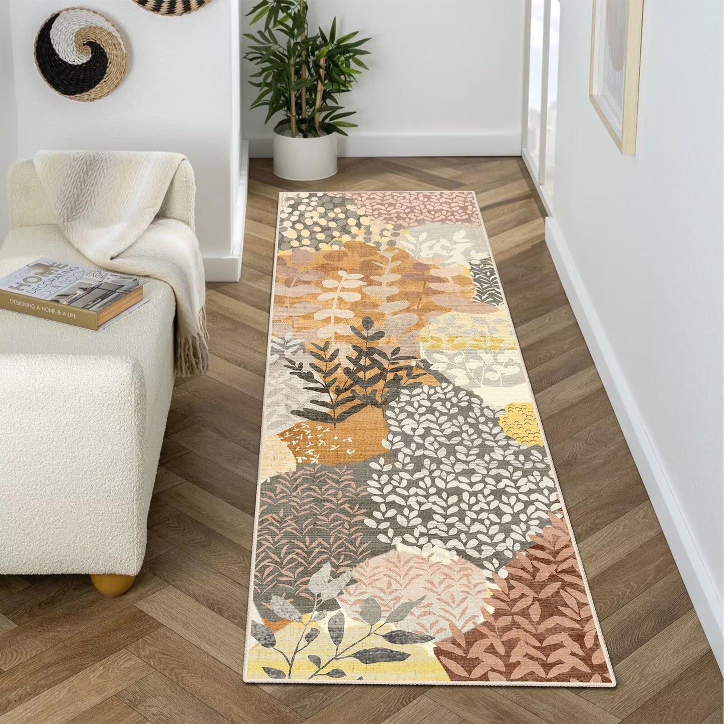 DEXDE Runner Rug 2x6 Fall Washable Hallway Boho Soft Area Rugs Abstract Long Non Slip Botanical Leaves Floral Print Carpet for Entryway, Kitchen, Laundry, Bathroom, Bedroom,Camel