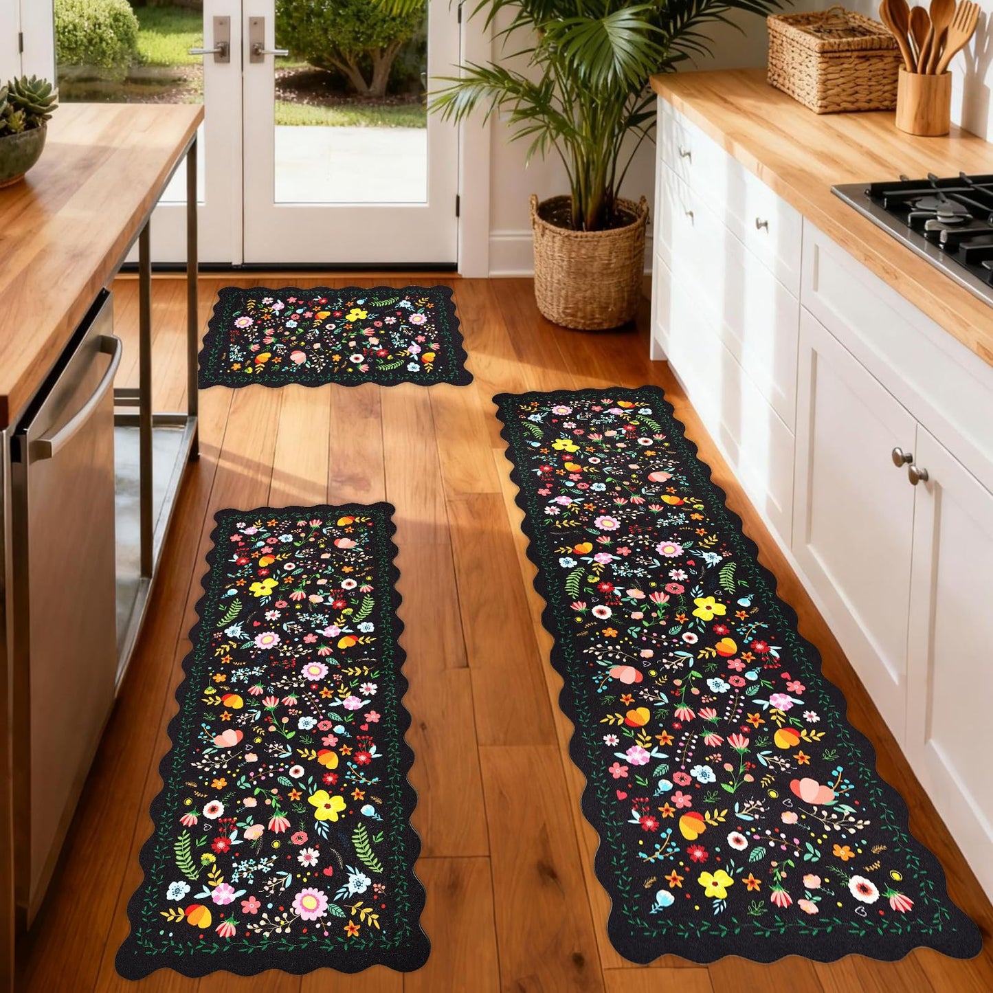 CQKEDMA Scalloped Kitchen Mats for Floor 3 Piece Set, Kitchen Floor Mat Non Slip Washable, Narrow Kitchen Runner Rugs Waterproof Boho Floral Standing Mat Door Mat for Sink Laundry, Hallways, Black