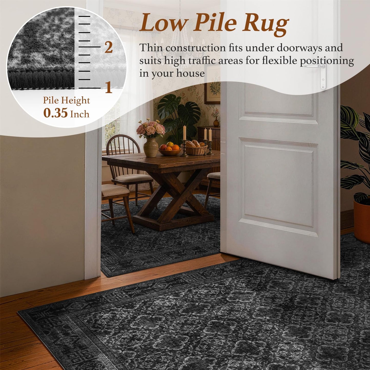 LIANLAM 5x7 Washable Area Rug, Vintage Boho Traditional Pattern, Non-Slip Stain Resistant Rug for Living Room Bedroom(5x7,Black/Boho)