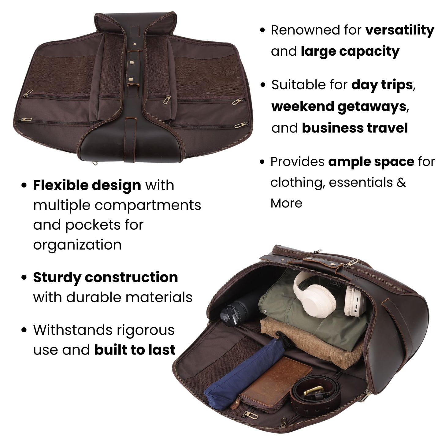 Alex Keith Full Grain Leather Weekender Bag for Men – Convertible Duffel Backpack, Carry-On Overnight Travel Bag - Vintage Dark Brown