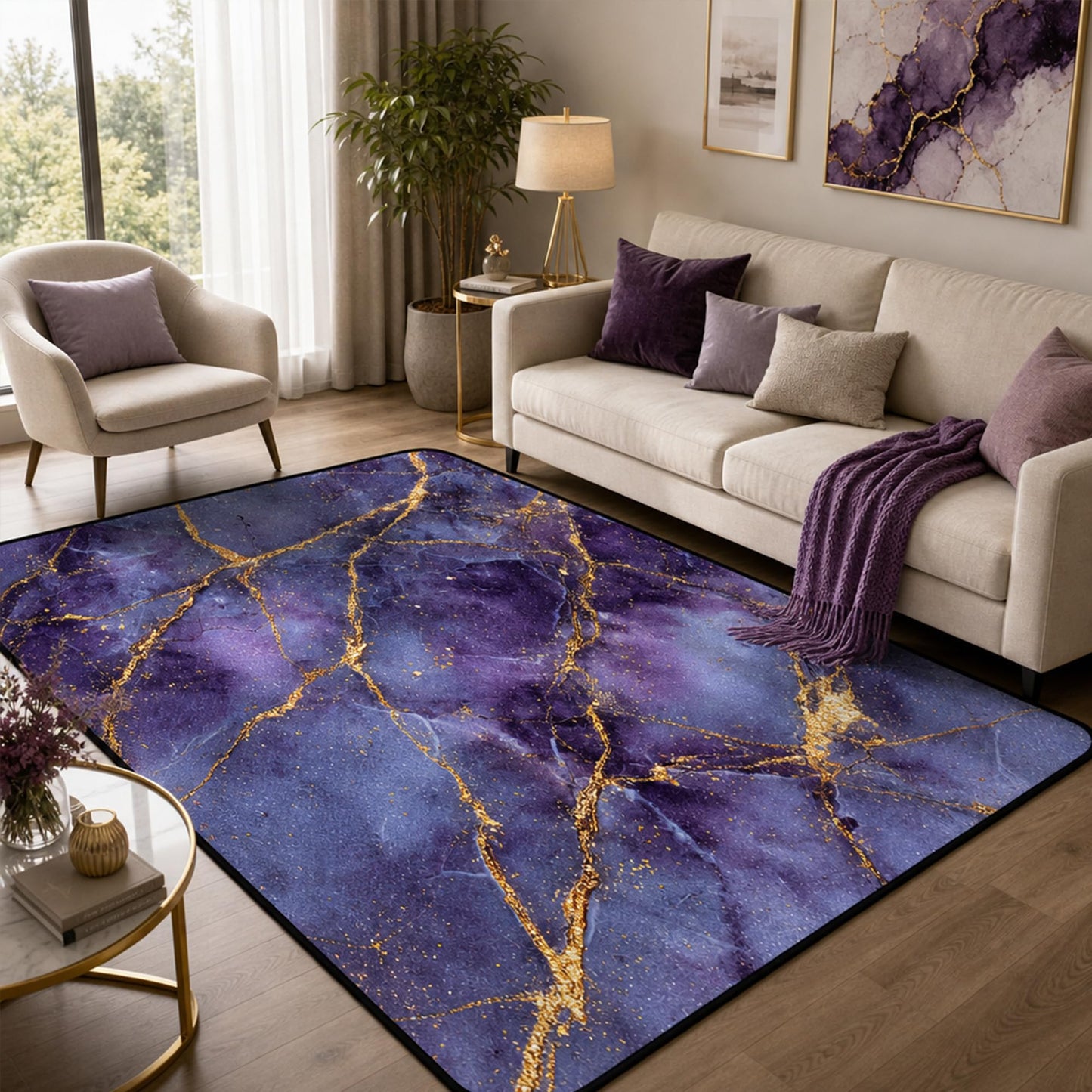 FUYEUN 5' x 7' Marble Area Rug Morden Abstract Throw Rugs for Classroom Bedroom Dorm Living Room Home Teens Carpet Home Decor Washable, 63" x 83", Purple and Gold
