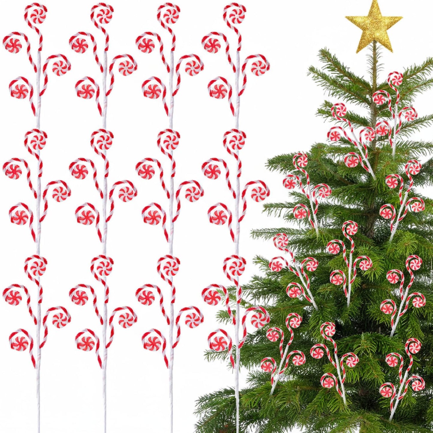 Suncalla 12 Pcs Red White Candy Cane Christmas Picks 16" Large Furry Spiral Curly Sprays Elf Ornaments Stems for Christmas Tree Topper Filler Party Vase Filler Wreath Garland
