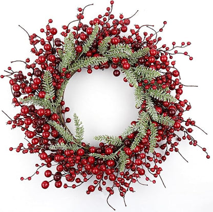 20 Inches Red Christmas Wreath Farmhouse Christmas Wreaths for Front Door Classic Winter Holiday Wreath with Red Berry Fir Pine Needle for Doors Window Indoors Porches Outside