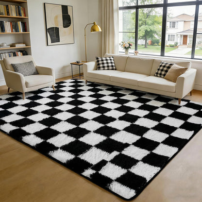 ThreadGlobe Checkered Shag Area Rug 4'x6', Black and White Plush Rug for Living Room, Non-Slip Soft Carpet for Bedroom Nursery, Modern Floor Decor with Grid Pattern, 4x6