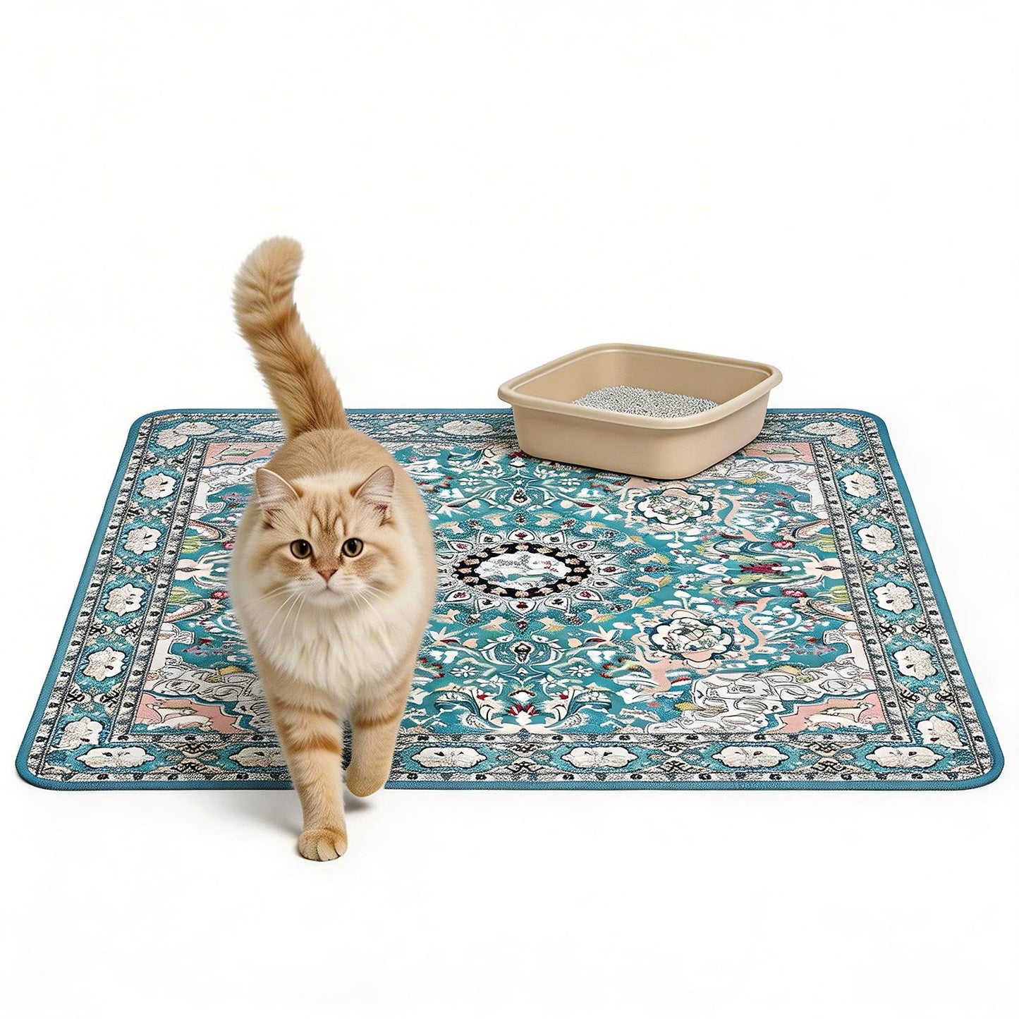 YOSEPATI Cat Litter Mat, Reusable Kitty Litter Trapping Mat 2 PCs, 24"x18" Washable Litter Mats for Cats, Waterproof & Non-Slip Compatible with Cat Box (Lake Blue Medallion, 24"x18"(2 PCS))