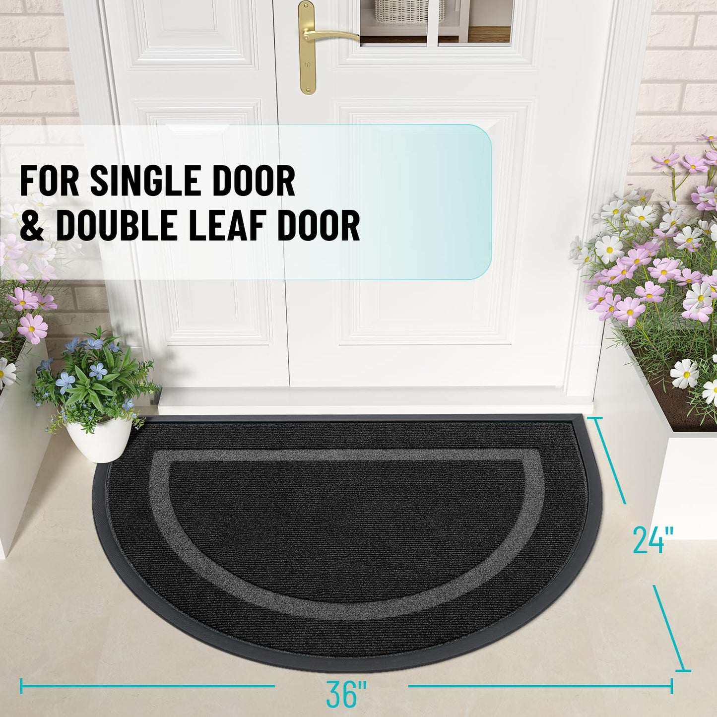 OLANLY Half Circle Door Mat Indoor Outdoor Entrance Welcome, Waterproof All-Season, All-Weather Doormat, Sturdy Natural Rubber, Low Profile, Easy Clean Patio Porch Entryway Mat, 35x23, Black
