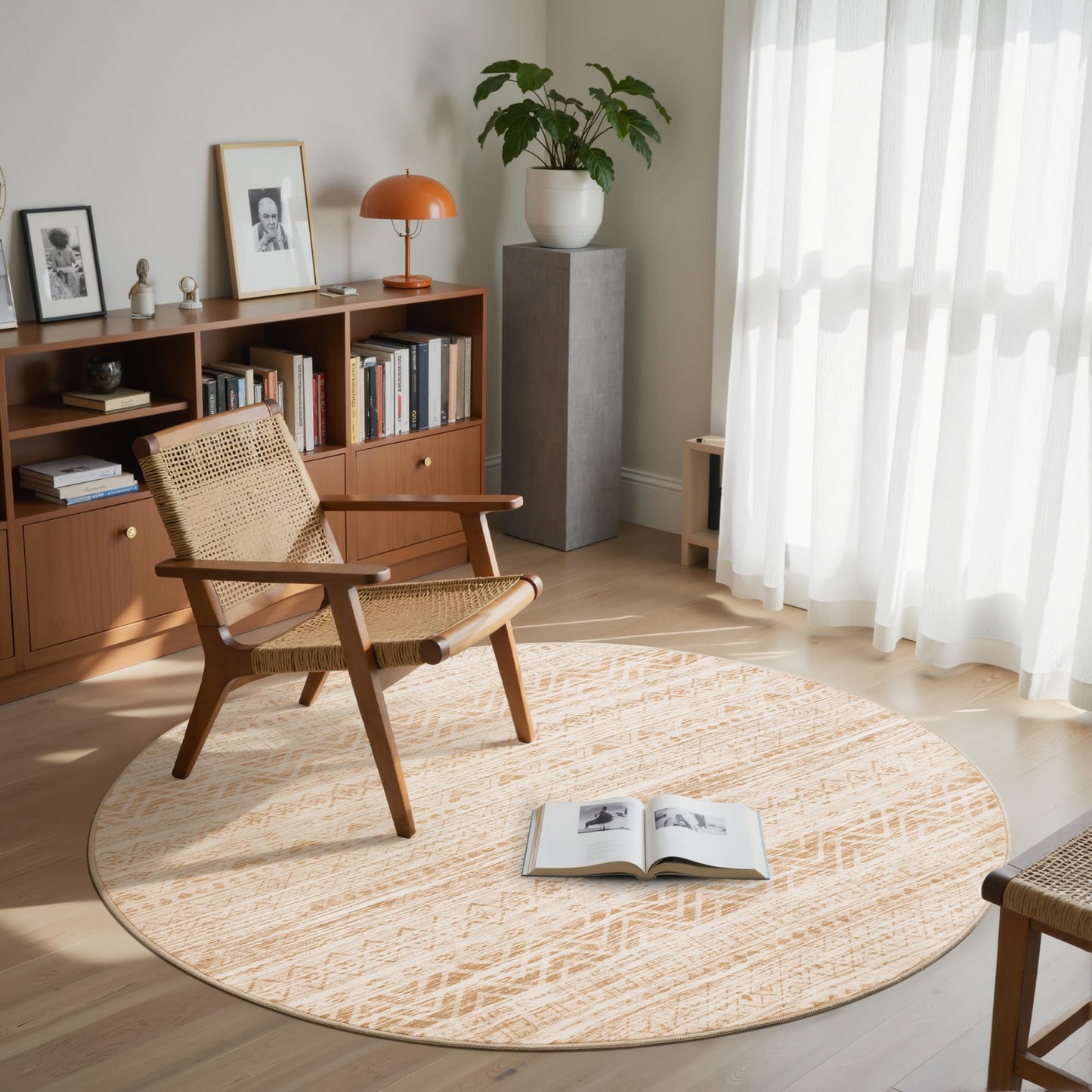 Miukiki Round Rugs 6ft for Living Room Moroccan Washable Circle Rug Non Slip Indoor Floor Carpet Foldable Area Rug for Dining Room with Low Pile(Beige,6'x6')