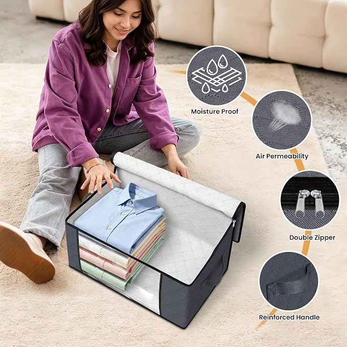 Fab totes 35L Closet Organizers and Storage, Foldable Under Bed Storage Containers, Storage bags for Organizing Bedroom, Closet, Clothing,Organization with Handle (8 Pack,Grey)