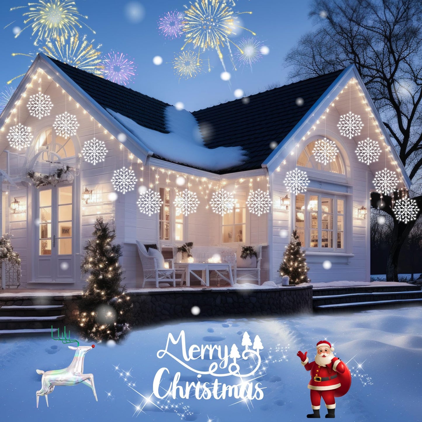 Brightown Christmas Snowflake Icicle Lights Outdoor - Plug-in 10.5ft 5 Drops 240LED Snowflake Window Light with 8 Modes, Hanging Lights for Indoor Outdoor Porch Eaves Rooftops Pergola Christmas Decor