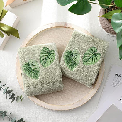 2 Pcs Tropical Palm Leaves Hand Towels Gray Green Bathroom Decor 14x29 Inch