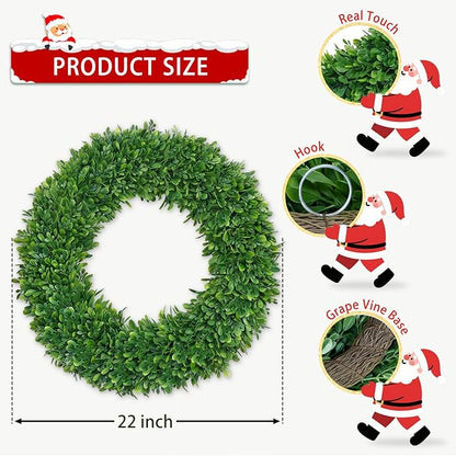 22 Inch Christmas Wreath Boxwood Wreath Realistic with Welcome Sign Faux Green Preserved Boxwood Wreaths Outdoor Spring Fall Winter Wreaths for Front Door Outside for Porch Farmhouse Wall Home Decor